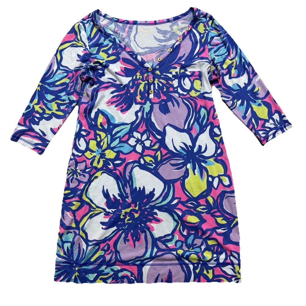 Lilly Pulitzer Palmetto Dress Women’s Large Floral Pima Cotton 3/4 Sleeve READ